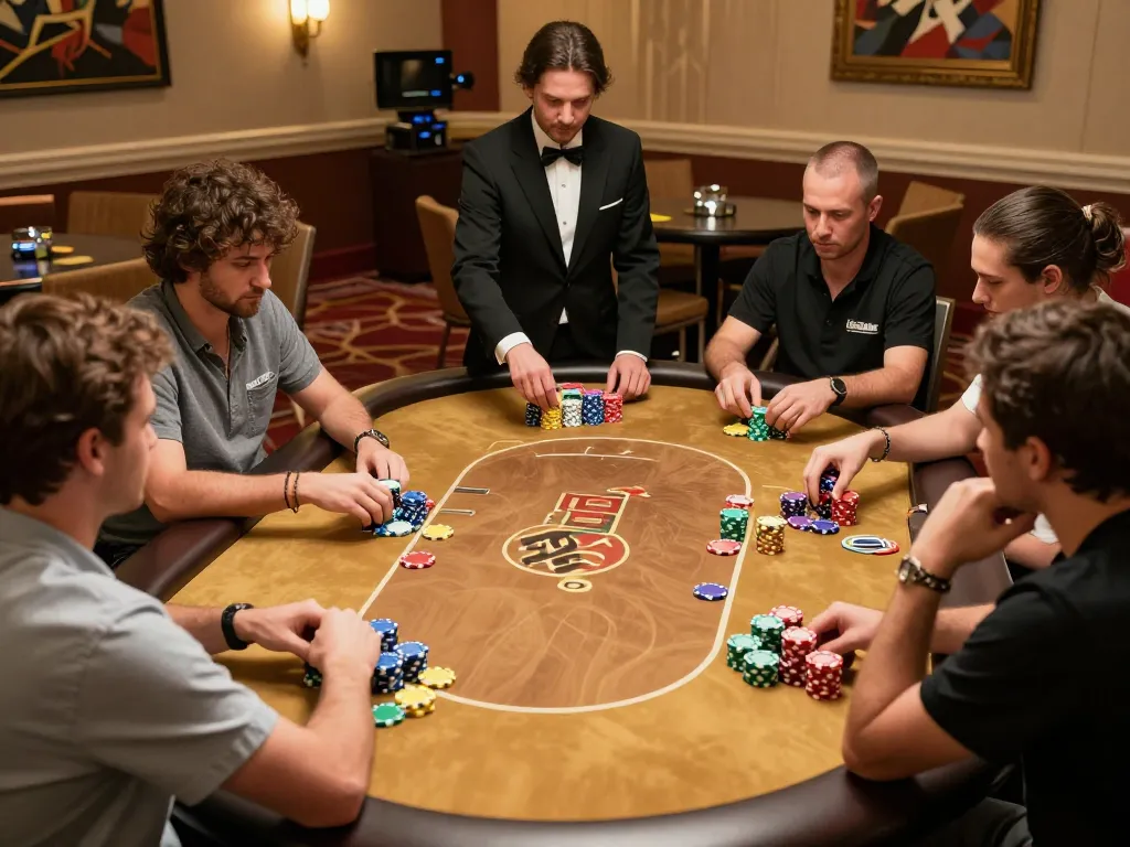 Surebetsg players strategizing in a dynamic poker game with vibrant chips and warm lighting