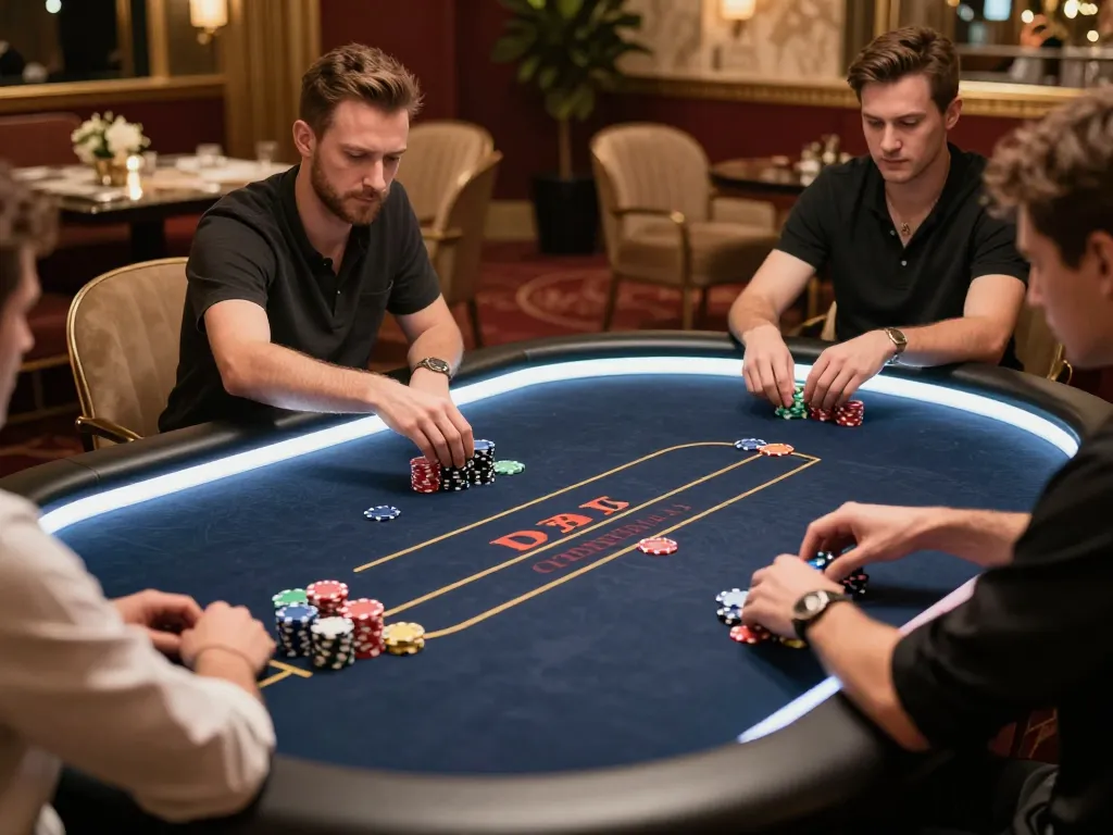 WIN79 poker game in action with players placing bets and vibrant chips reflecting strategic gameplay.