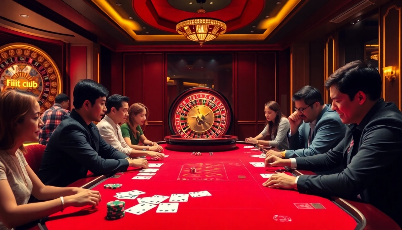 Engaged players enjoying games at Nhà cái Hitclub casino with vibrant tables and thrilling atmosphere.