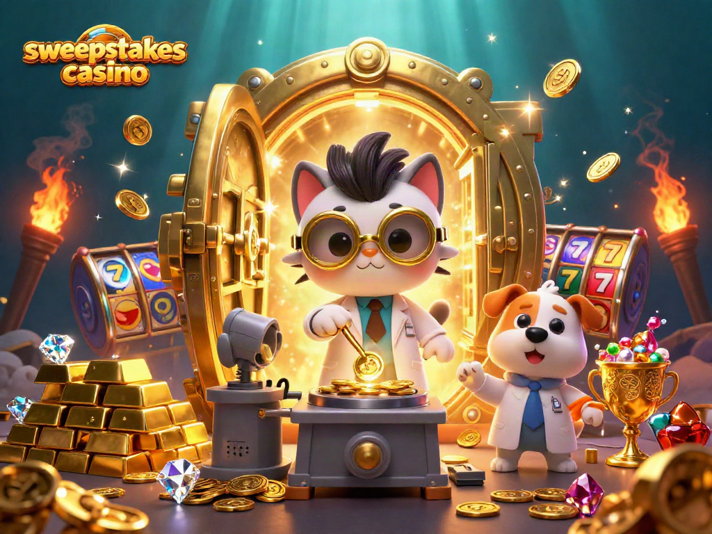 Sparkling sweepstakes casino scene with mad scientist cat and dog amid gold and slot reels