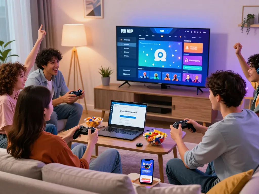 Friends enjoying a gaming night while exploring link tải rikvip mới nhất on their smartphone.
