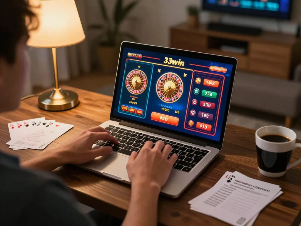 Engaged player analyzing strategies while enjoying 33win online casino games on laptop in a cozy home setting.
