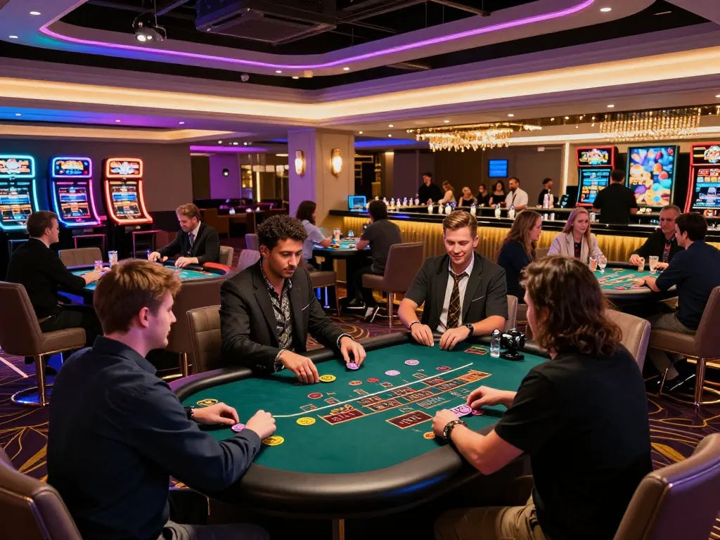 Players enjoying blackjack at MMOO casino, vibrant atmosphere and competitive excitement.