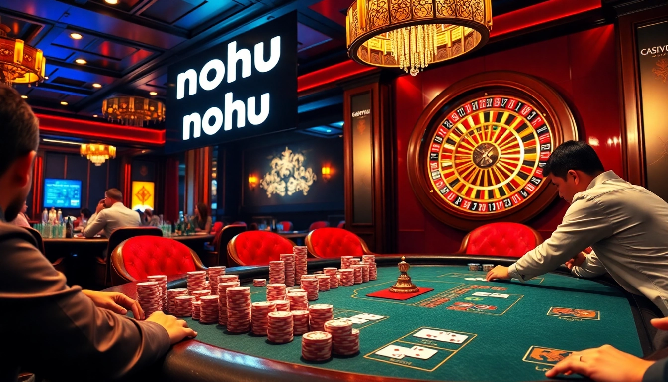 Nohu-themed luxury casino scene with poker players, roulette wheel, and glamorous atmosphere.