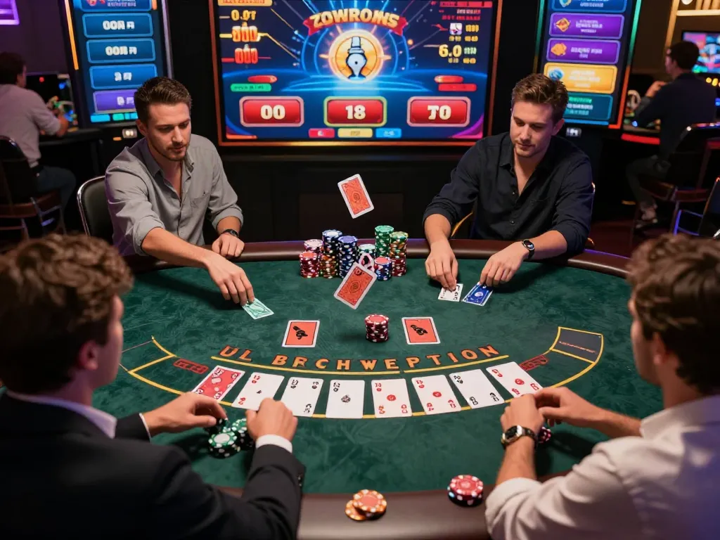 Engaged players strategizing at 789 win blackjack game in a vibrant online casino setting.