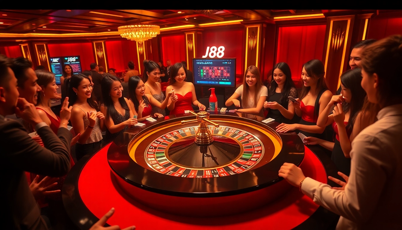 Engage with the J88 casino experience at a vibrant roulette table amidst players' excitement.
