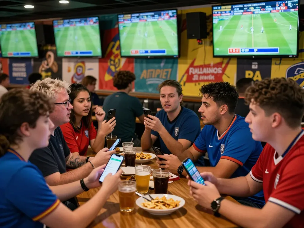 Sports fans analyzing kèo nhà cái in a lively bar filled with excitement during a football match