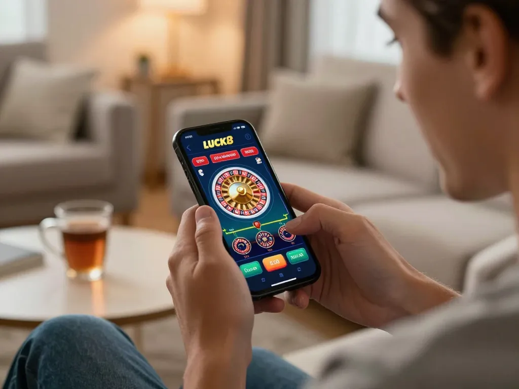 Người chơi tham gia tận hưởng cá cược theo thời gian thực trên ứng dụng casino di động LUCK8, ghi lại sự phấn khích của trò chơi.