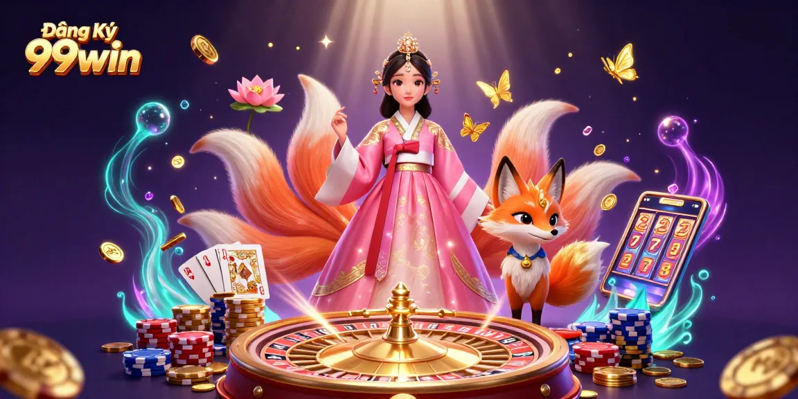 Engage in thrilling gameplay at Đăng Ký 99win with an enchanting scene of a lucky Asian woman and a fox.