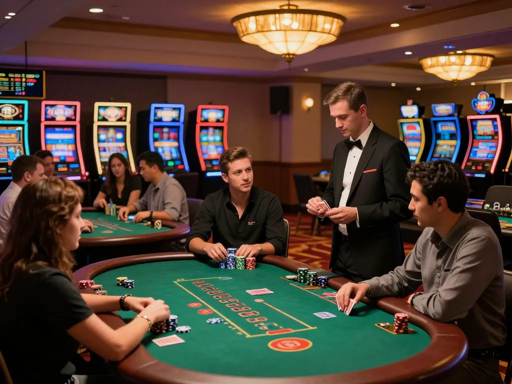 Exciting gameplay at www.kkwinzz.com blackjack tables in a vibrant upscale casino environment.