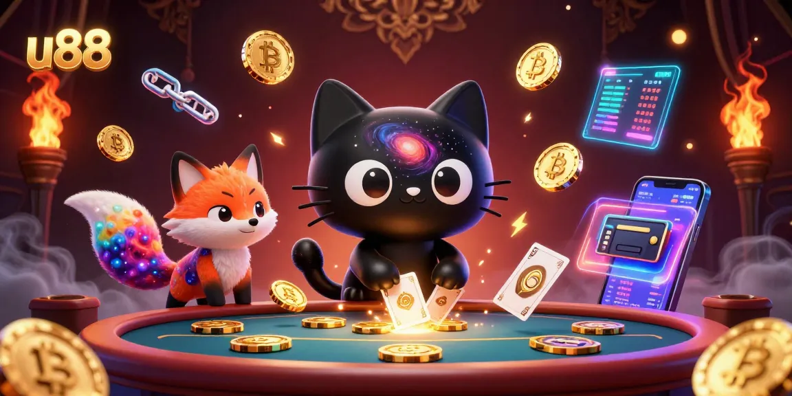 Engage with u88 as the black hole cat attracts casino chips in a vibrant cosmic scene.