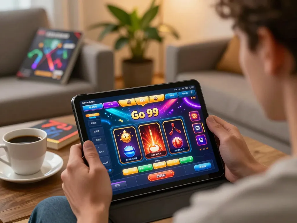 Player engaged with Go 99 casino app on tablet in relaxing home setting with personalized decor.