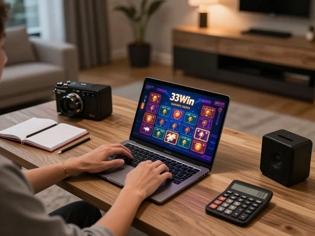 Engaged player enjoying 33Win luxury online casino games in a stylish home office setting