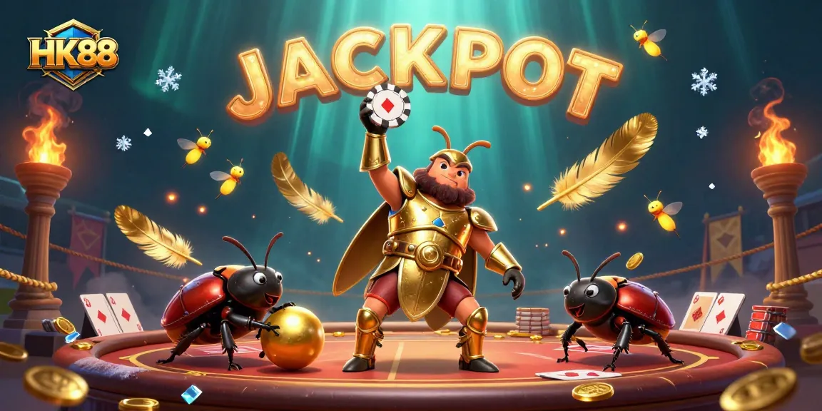 Experience HK88's thrilling victory with a majestic beetle and golden poker chip at an online casino