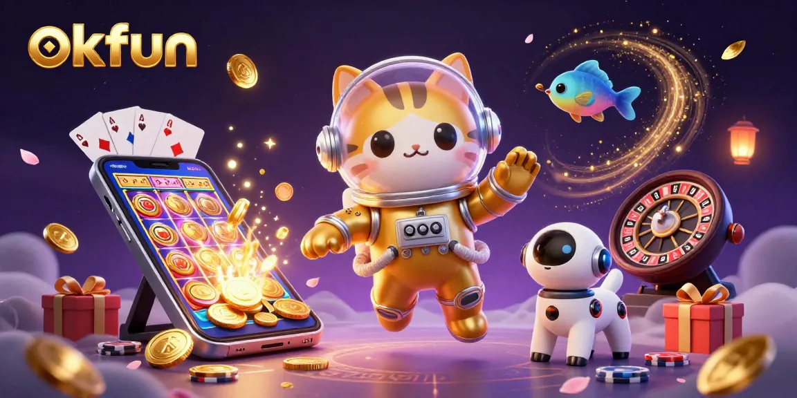 Play exciting games at okfun with a floating astronaut cat, slot games, and stellar visuals!