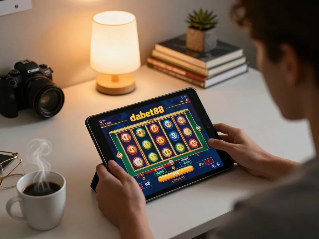 Person engaged in dabet88 online casino gaming on tablet in warm, inviting home setting.