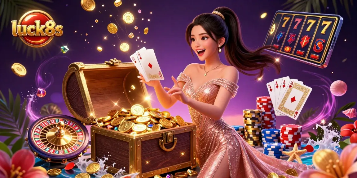 Spin and win with luck8s at the vibrant casino scene featuring golden treasures and joyful gameplay.