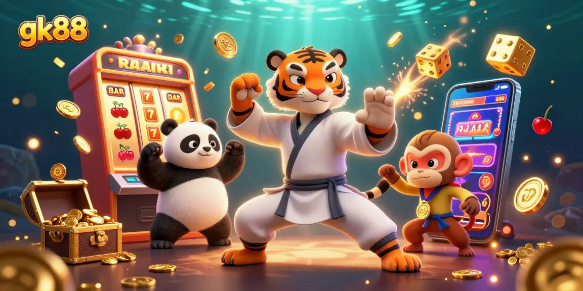 Engage with gk88's vibrant casino scene of a kung fu tiger, panda disciple, and monkey stealing gold amidst slot machine excitement.