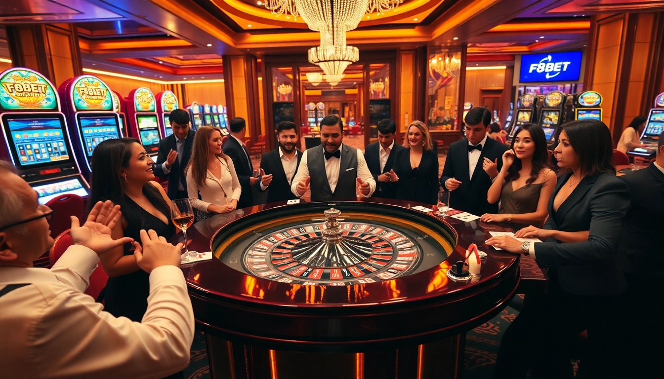 F8BET's luxurious casino experience showcasing a thrilling roulette table with excited gamblers.