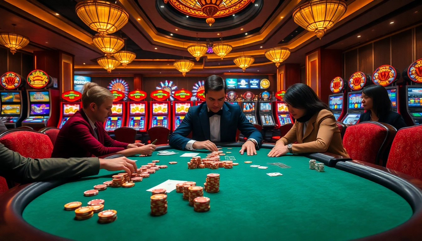 Exciting casino gaming atmosphere at https://188v.bz/ with vibrant poker tables and thrilling action.