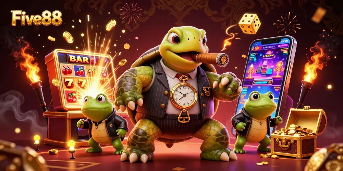 Experience thrilling gameplay at Five88 with a cartoon turtle mobster and slot machine action.