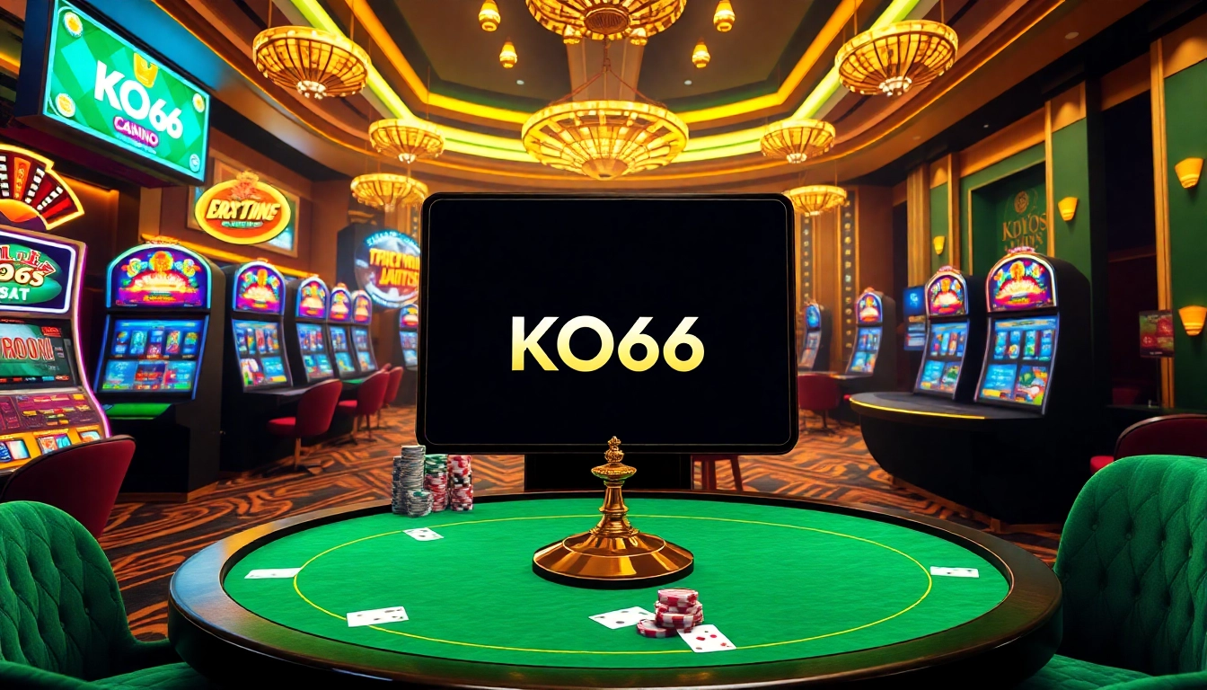 Cảnh casino KO66 với những máy slot đầy màu sắc, vòng roulette, và chip poker cho sự phấn khích trong cờ bạc.