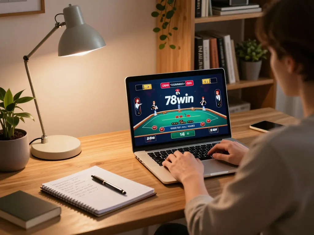 Engaging online gambling at 78win with a live dealer game on a laptop.