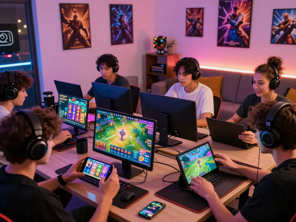 Players enjoying hitclub online gaming on multiple devices in a vibrant, inclusive environment