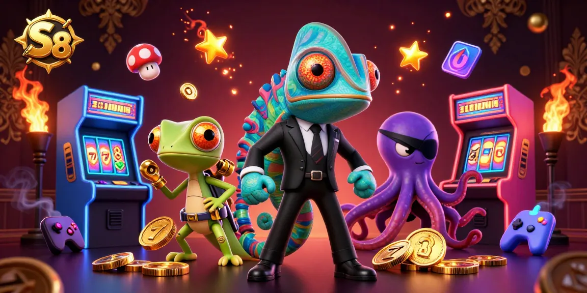 Experience thrilling gaming action at S 8 with colorful 3D casino and arcade elements.