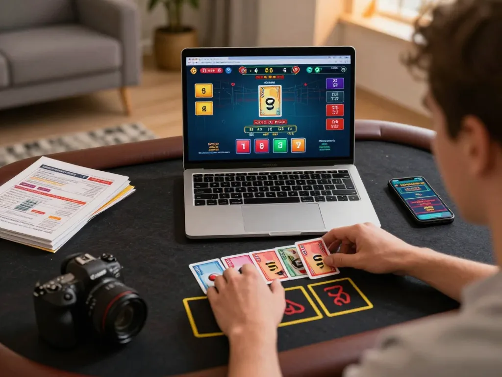 Engaging with live dealer games on fly88's online platform in a cozy home setting.