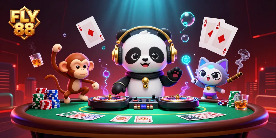 Join the excitement at FLY 88 with a lively casino scene featuring a DJ panda, breakdancing monkey, and rave kitten.