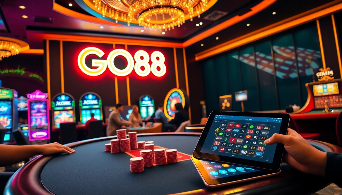 GO88 casino scene with excited players at the poker table and vibrant slot machines.
