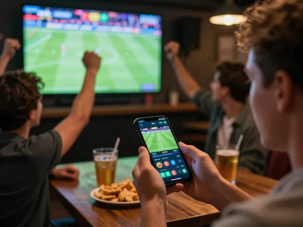 Kèo Nhà Cái sports betting excitement captured in vibrant scene of friends celebrating while watching football match