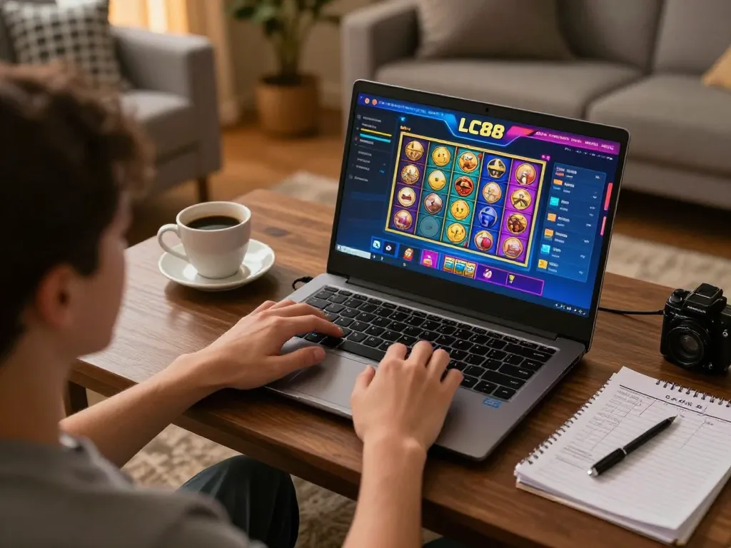 Person gaming on LC88 my platform with colorful slots and cards at home.