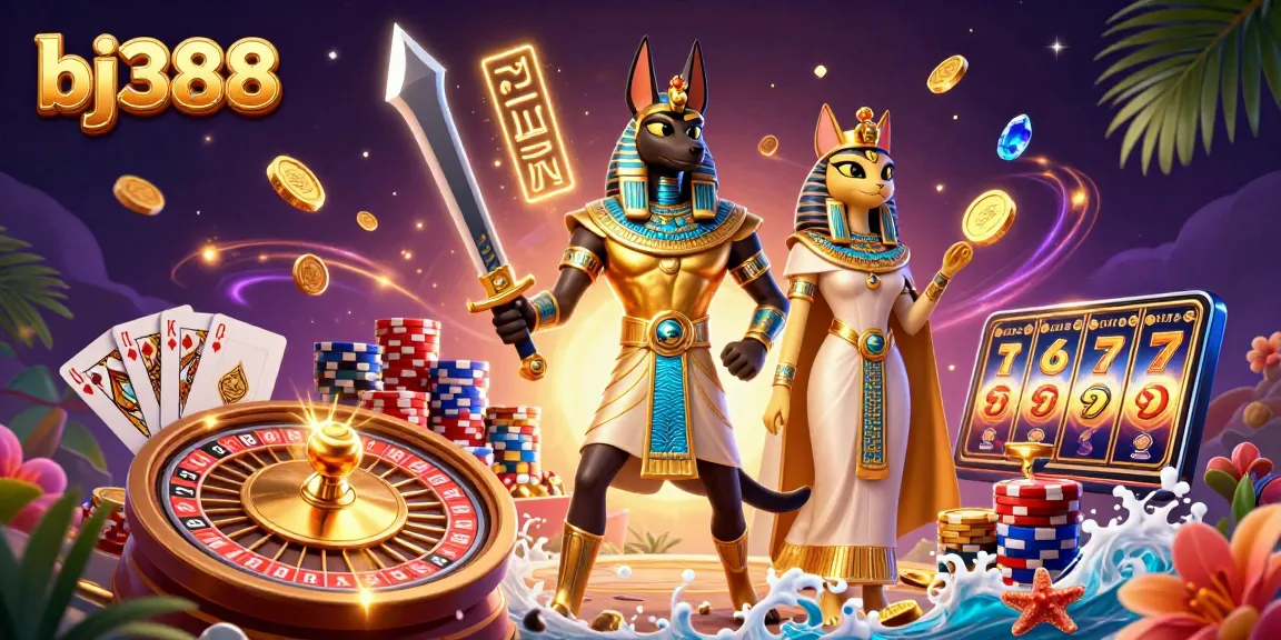 Bet on exciting games at bj388 with Anubis and Bastet amidst golden coins and vibrant casino elements.