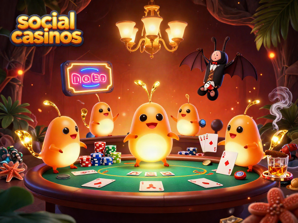 Experience the excitement of social casinos with vibrant glowworms in a lively cave casino scene.