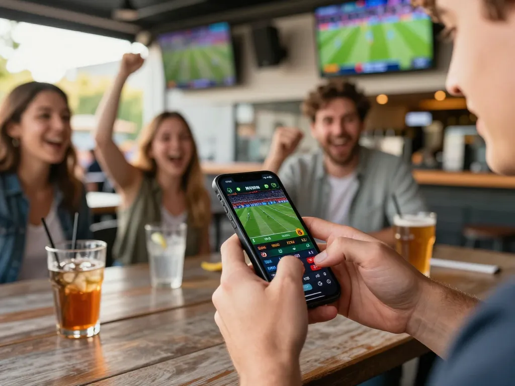 Engaging sports betting action with a user checking odds on 13win at a vibrant outdoor bar.