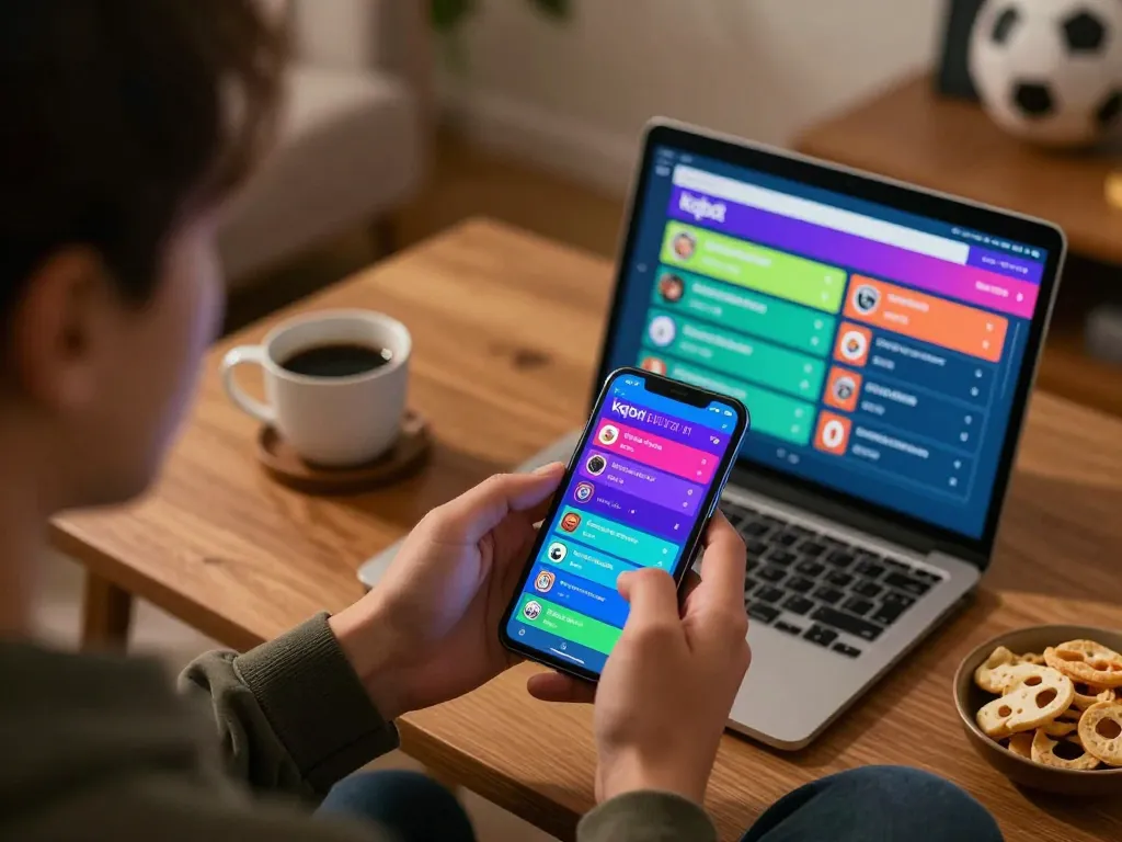Engaging online sports betting scene showing kqbd live scores on mobile app in cozy home