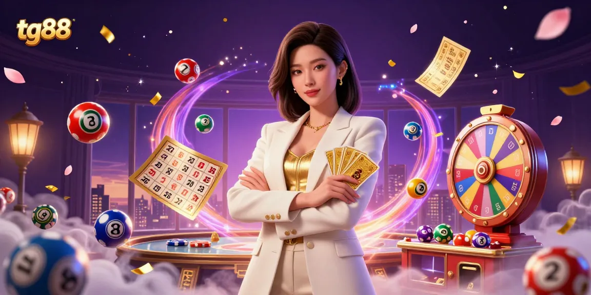 Engage with tg88’s vibrant casino atmosphere featuring a glamorous woman, golden cards, and dynamic gaming elements.