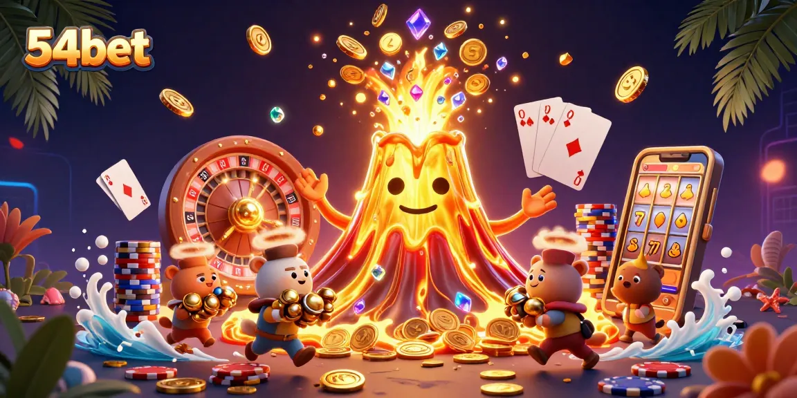 Experience the thrill of gaming at 54bet with a vibrant illustration of a volcanic treasure eruption.