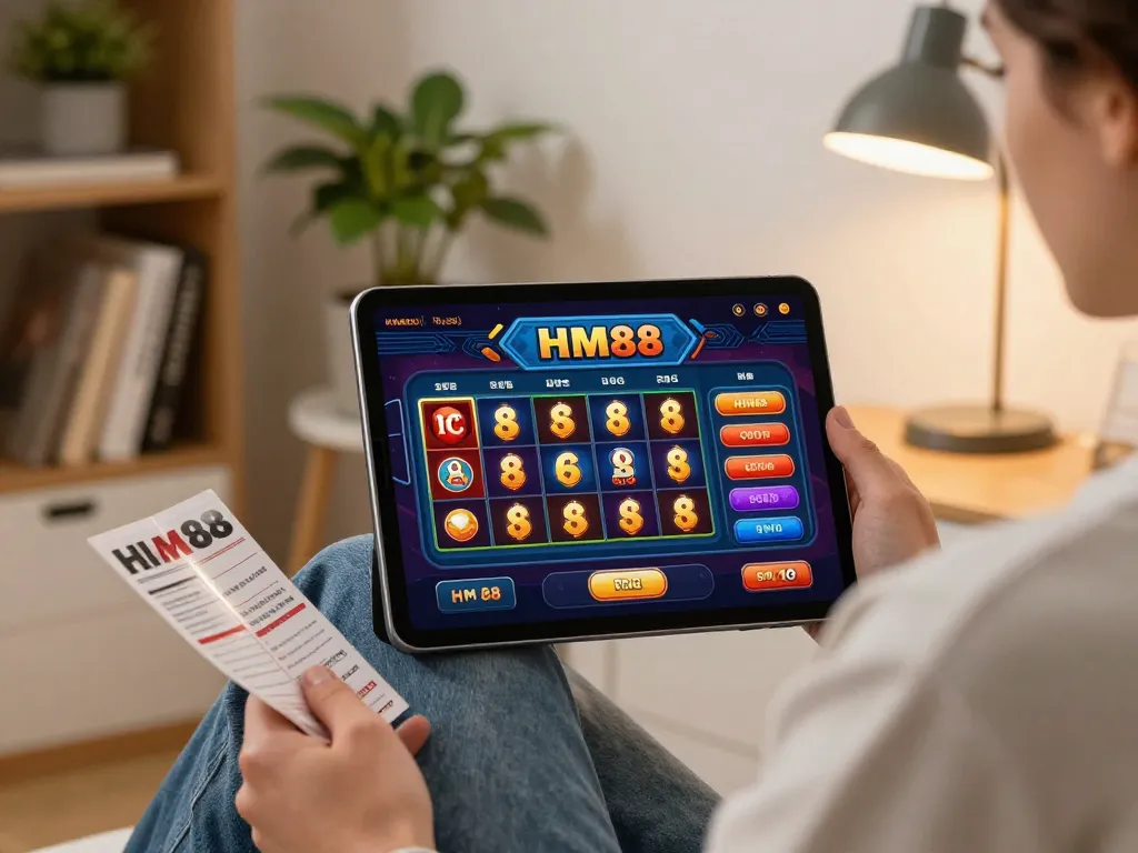 Engaging in responsible gaming with HM88 on a tablet in a cozy home setting.