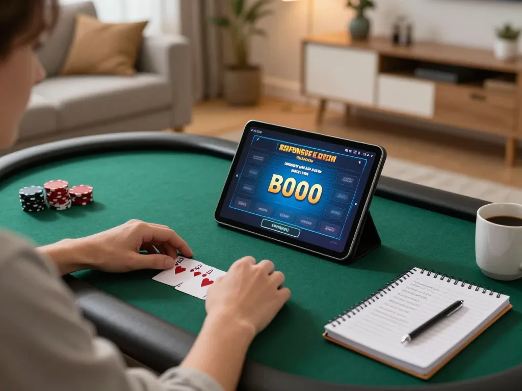 Player engaging in online poker with Fly88 app on tablet in cozy home setting