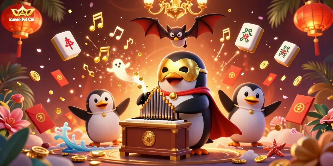 Experience kuwin nhà cái with a vivid illustration of a penguin and bat in a lively casino scene.
