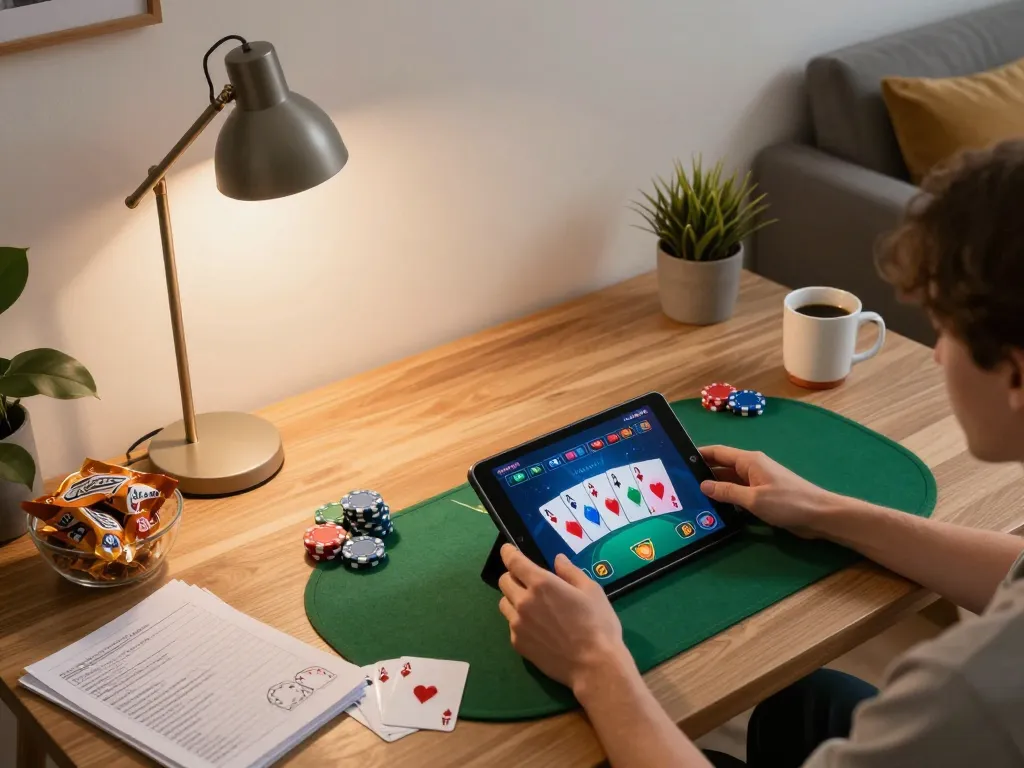 C168 online poker gaming setup featuring a player engaged with colorful graphics on a tablet.