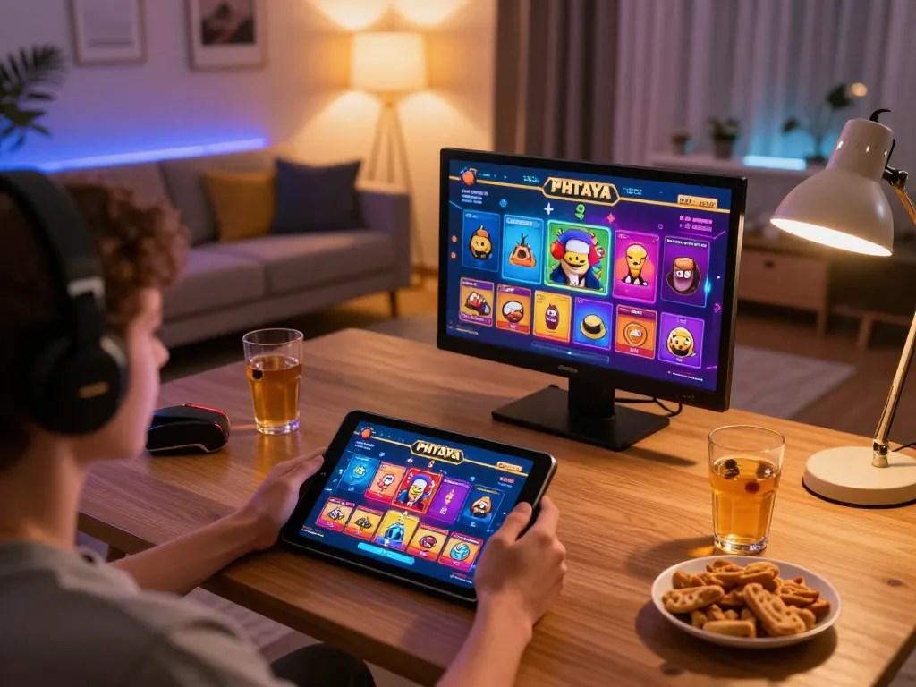 PHTAYA gameplay on a tablet at a cozy home gaming setup with snacks and warm lighting.