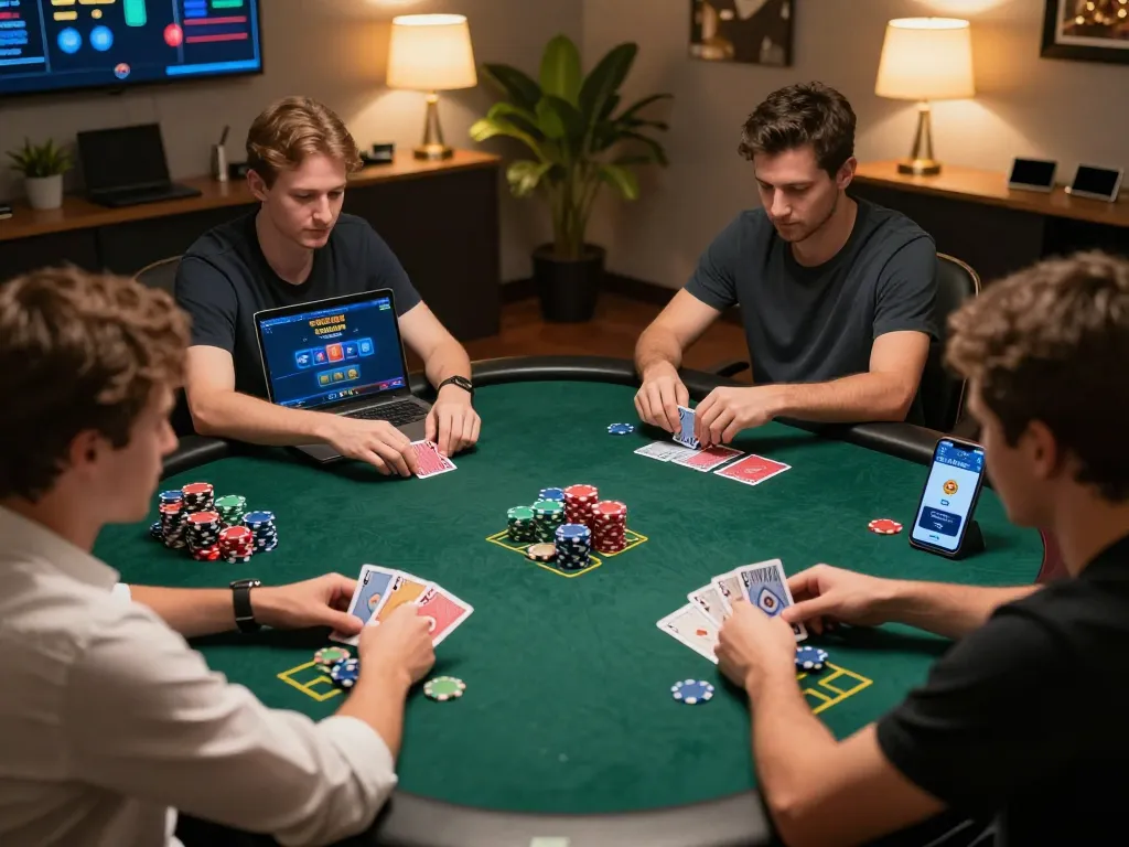 Players engaged in an online KP88 poker game, analyzing cards and calculating bets amidst a warm, cozy setting.