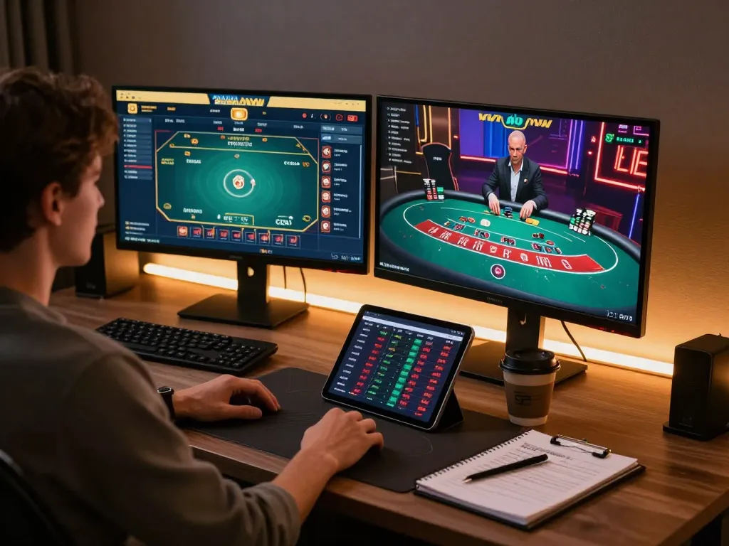 Engaging in strategic online gambling at 789WIN with poker and live dealer games displayed.