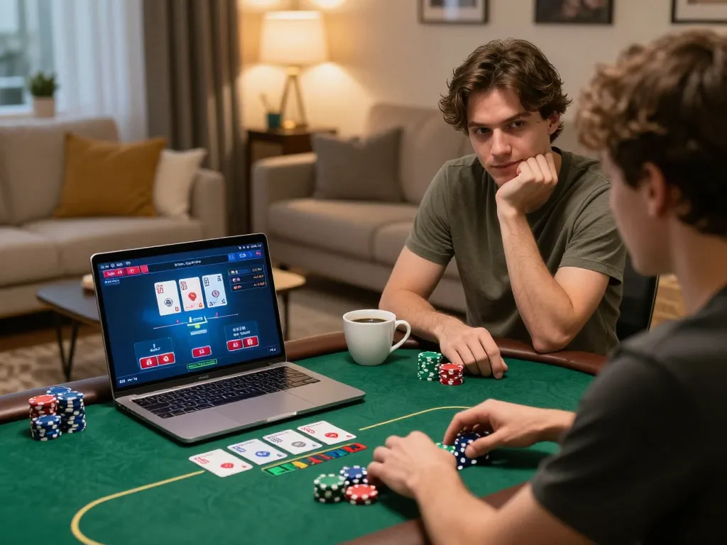 Player enjoying a poker game on 78win in a cozy home setting with strategic focus
