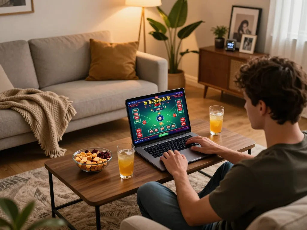 Exciting online baccarat gameplay on OPEN88 platform with a cozy home setup.
