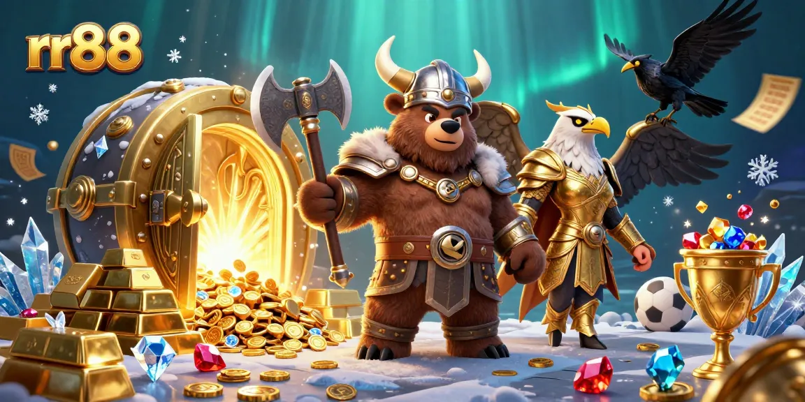 Engage in thrilling betting adventures with rr88 featuring a Viking bear and Valkyrie eagle in a treasure-filled scene.